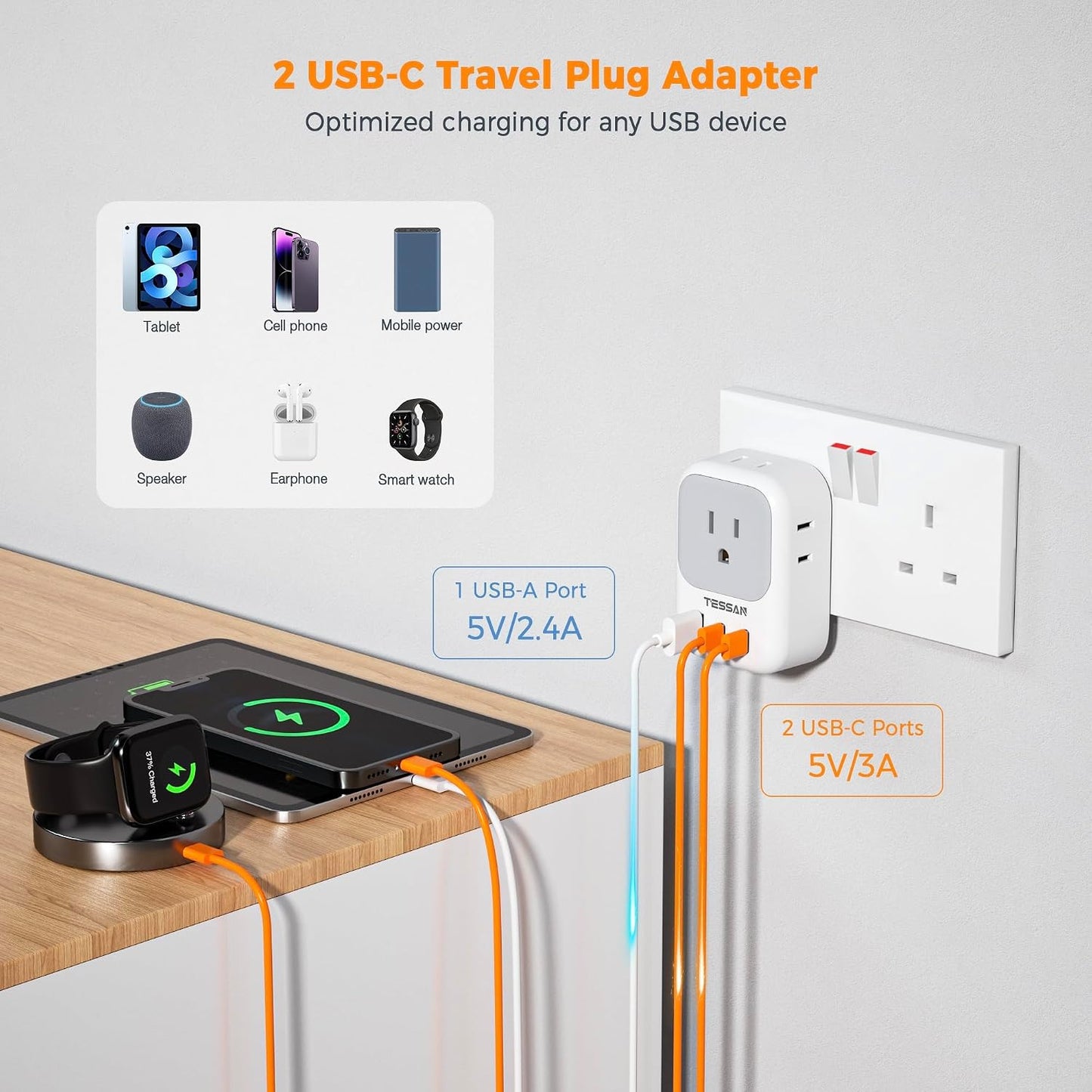TESSAN 4 3 (2 US to UK Plug Adapter, Type G Travel Adaptor with Electrical Outlets USB Ports USB C), Ireland Power