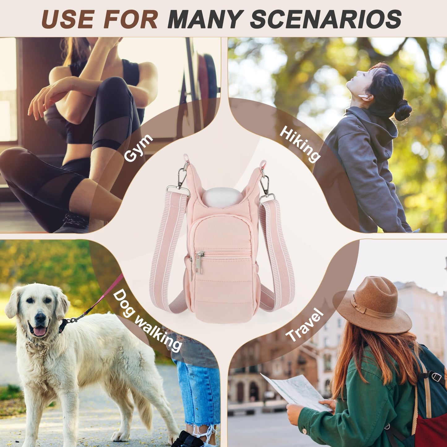 CAPASTEC Water Bottle Carrier Bag, Water Bottle Holder with Adjustable Strap, for Hiking, Cycling, Pink