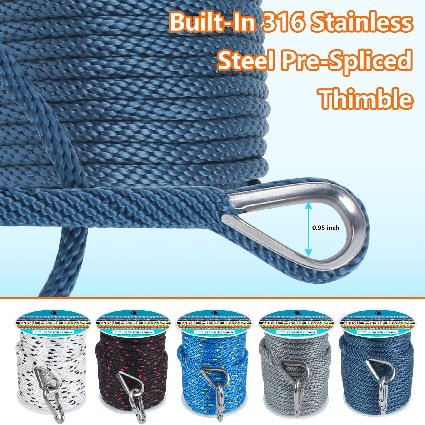3/8 Inch 50 FT Anchor Rope, Boat Anchor Rope Solid Braid MFP, Anchor Line with 316 Stainless Steel Thimble and Snap Hook - Navy Blue