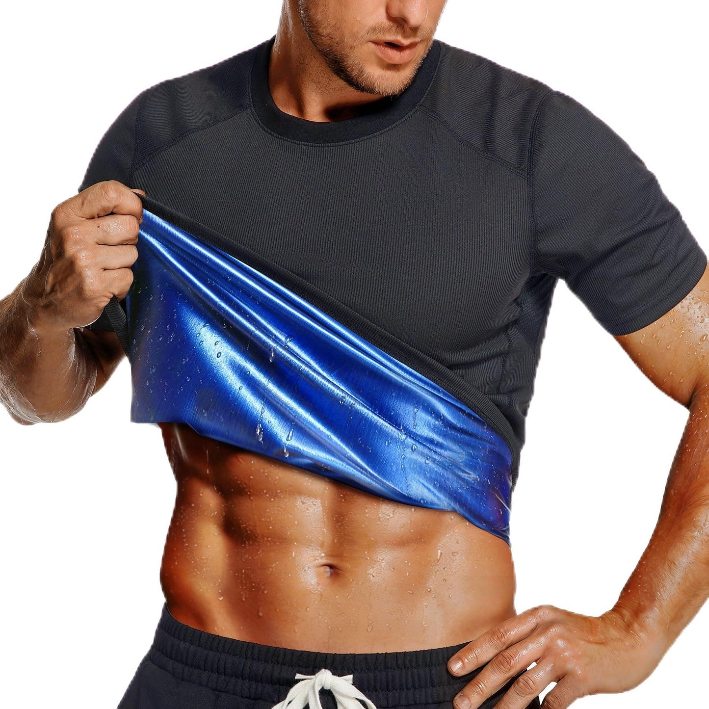 Men's Ribbed Sauna Shirt Short Sleeve Compression Waist Trainer Sweat Top Sauna Suit for Men Workout
