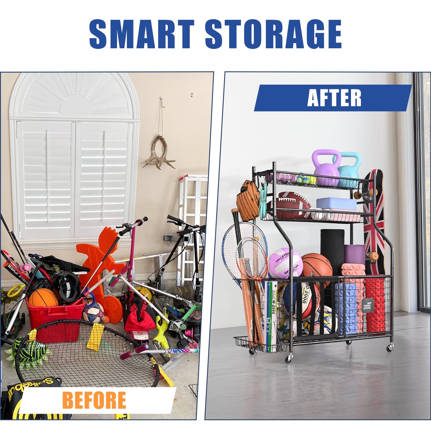 Mythinglogic Garage Sports Equipment Organizer, Baseball Storage Large Capacity, Sports Organizer for Garage with Hooks and Baskets, Ball Storage Rack for Football, Soccer Ball, Bat, Toys