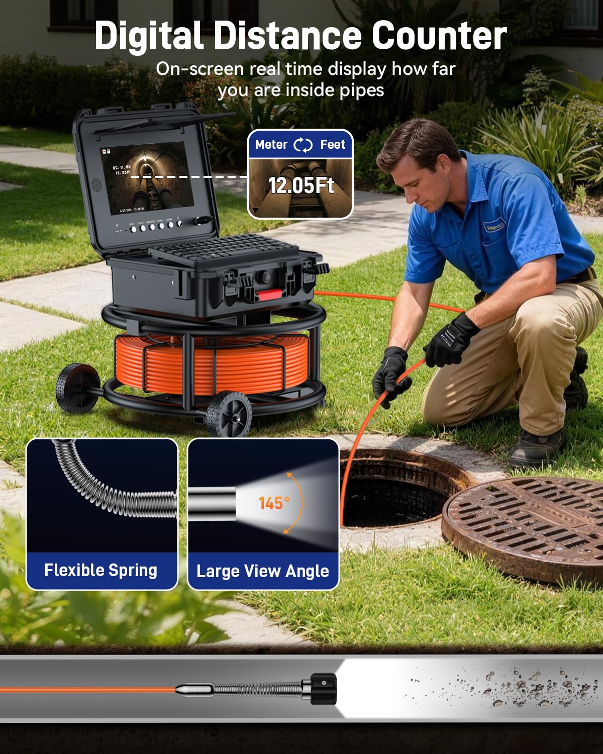 Hialemi 10" Sewer Camera with Locator & Wheels, Self Leveling Plumbing Camera & Distance Counter & 5X Zoom - 145° Pipe Inspection Camera with Lights, 1080P IPS Screen & DVR 32GB(7MM-200Ft/60M)