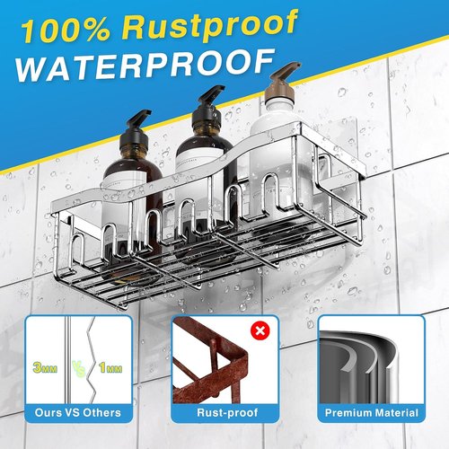 EUDELE Rustproof Stainless Steel Shower Caddy - No Drill Adhesive Organizer | XL Size for Bathroom & Kitchen Storage