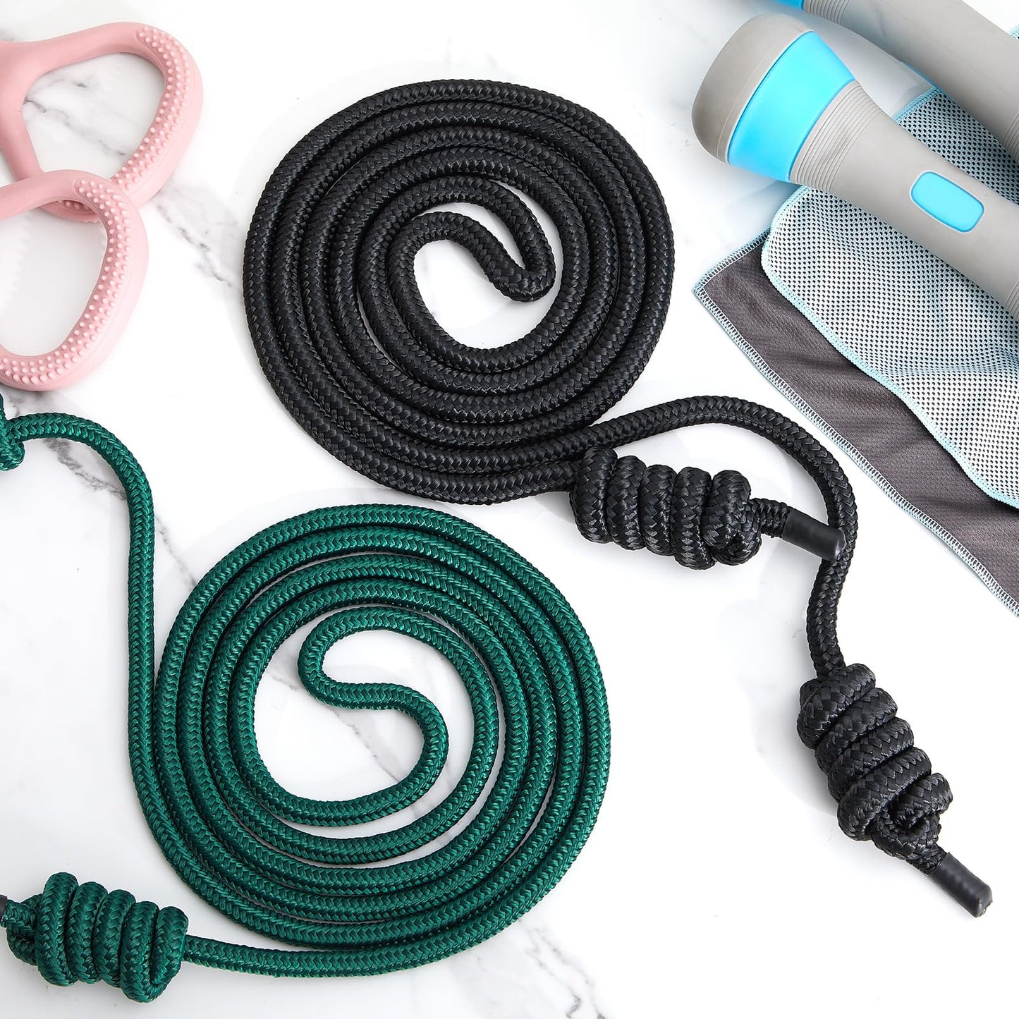 Lewtemi 2 Pcs Flow Rope for Fitness Double Woven Workout Rope Adjustable Length Flow Jump for Working out Men Women Training Exercise Gym Indoor Outdoor Beginner, 9 ft(Black, Green,320g+550g)