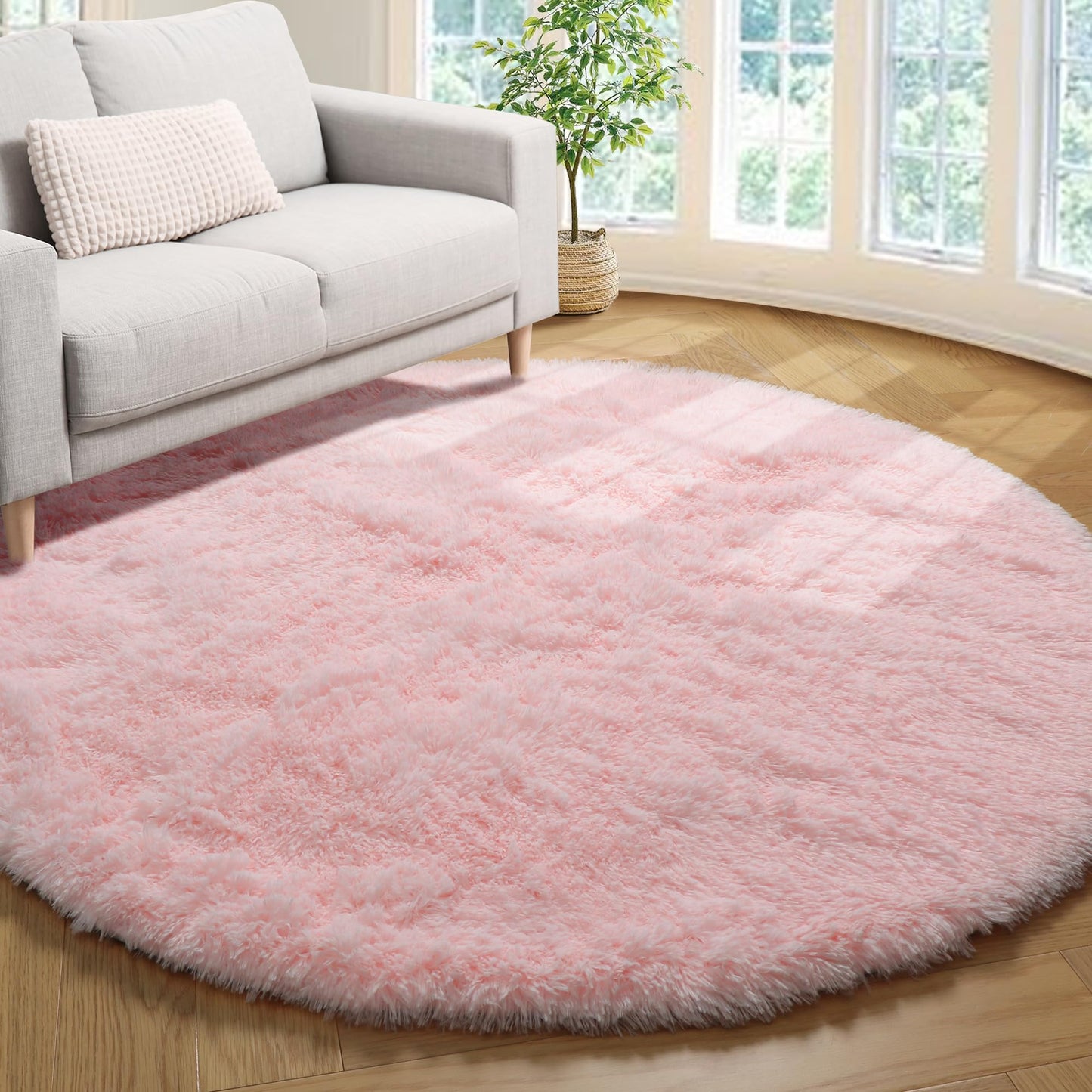 ONASAR Light Pink Fluffy Round Rugs 4ft for Girls Bedroom, Circle Area Rug for Kids Teen, Soft Plush Shaggy Circular Carpet for Nursery Dorm Classroom Playroom Living Room Home Decor Aesthetic