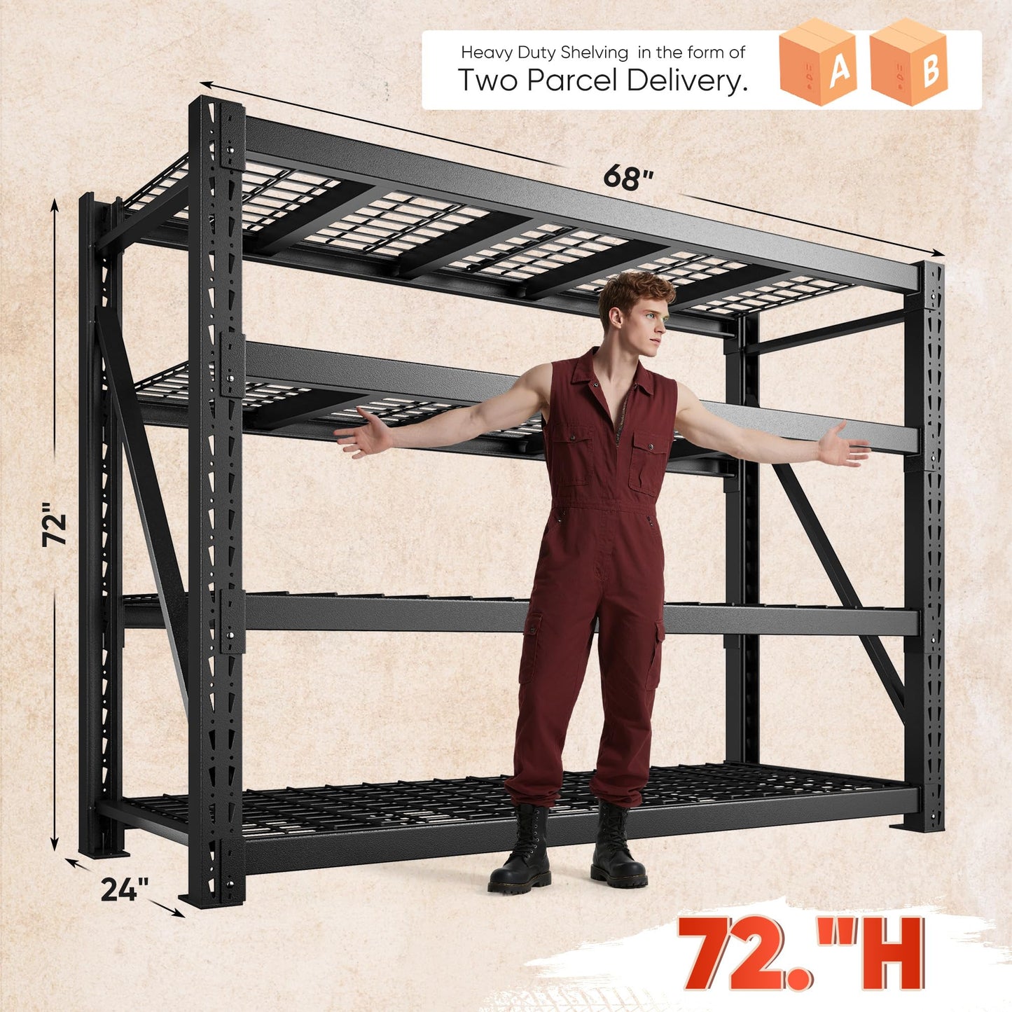 Bepatio 9400LBSGarage Shelving Heavy Duty,68'W Storage Shelves,Large Industrial Metal Shelving,4Tier Shelving Unit,Adjustable Rack Shelf for Basement Warehouse Commercial School,23.7'Dx72'H,Black