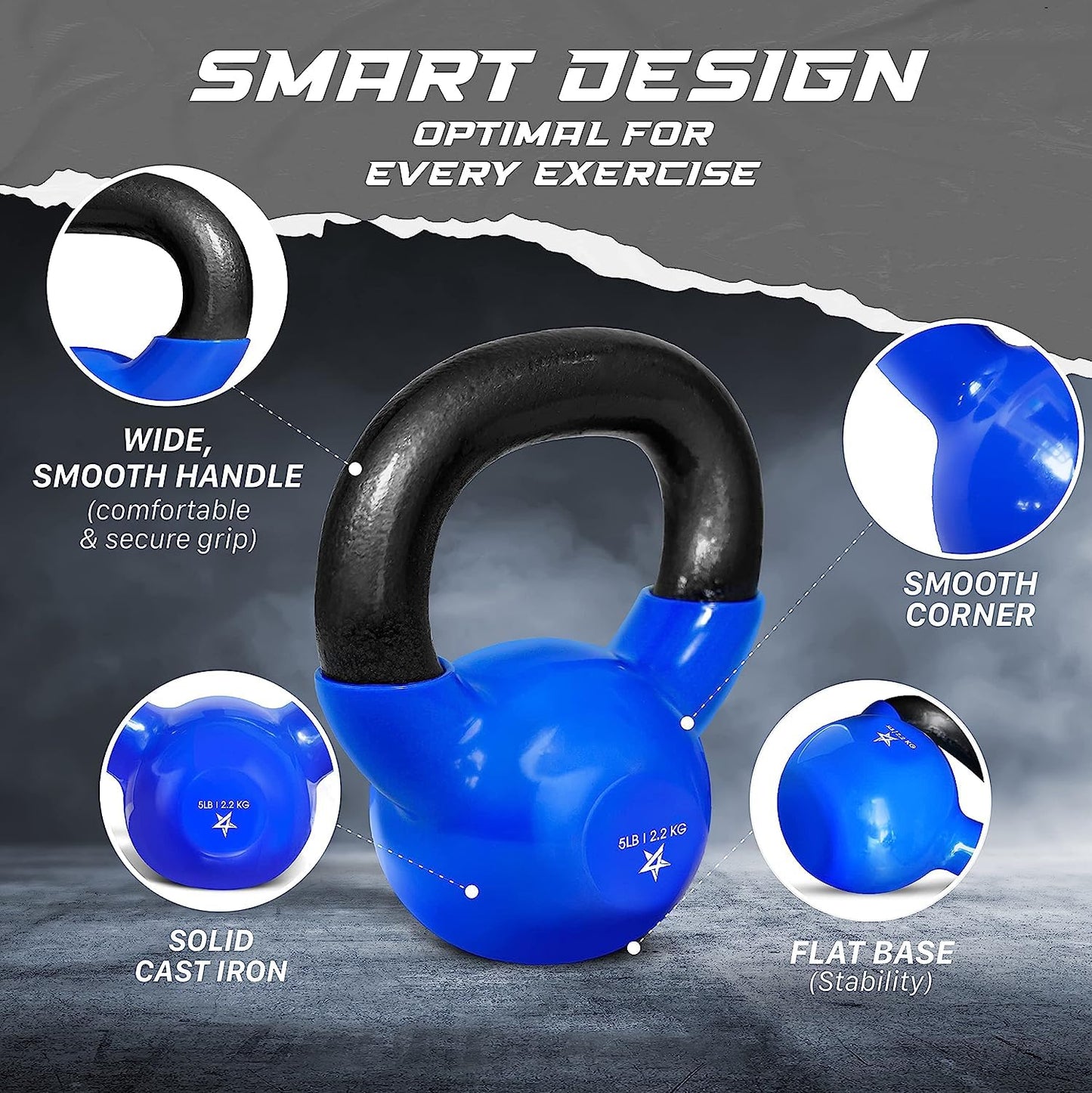 Yes4All Kettlebell, 5 lb Vinyl Coated Cast Iron Strength Training Kettlebells for Home Gym Exercises, Heavy Weights Gym, Fitness, Full Body Workout Equipment, Push up, Grip, Strength Training - Blue