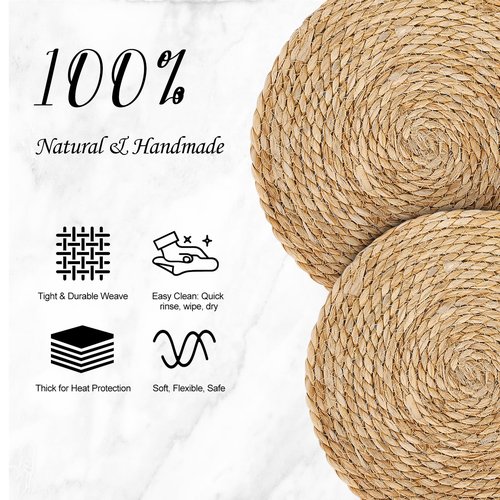 13 Inch Placemats Set of 12, Boho Round Rattan Place Mats for Dining Table Decor, Rustic Woven Chargers for Dinner Plates, Outdoor Patio, Farmhouse Wedding, Water Hyacinth Wicker Braided Placemat