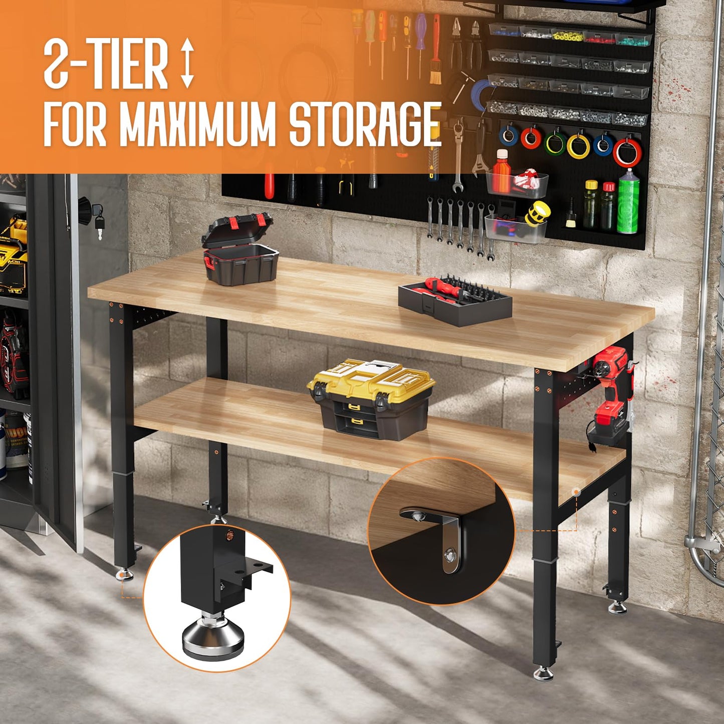 SPECRAFT 48"x20" 2-Tier Adjustable Workbench with 4 AC Outlet and 2 USB Ports Power Outlets, 2500 Lbs Capacity Heavy Duty Workbench, Rubber Wood Top for Garage, Workshop, Office