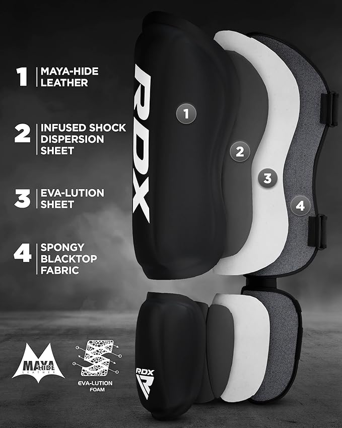 RDX Shin Guards Kickboxing Muay Thai, SATRA SMMAF Approved, Premium Maya Hide Leather, Leg Instep Protection Pads, MMA Martial Arts Kicking Sparring Training Gear, BJJ Karate Boxing Taekwondo, Black