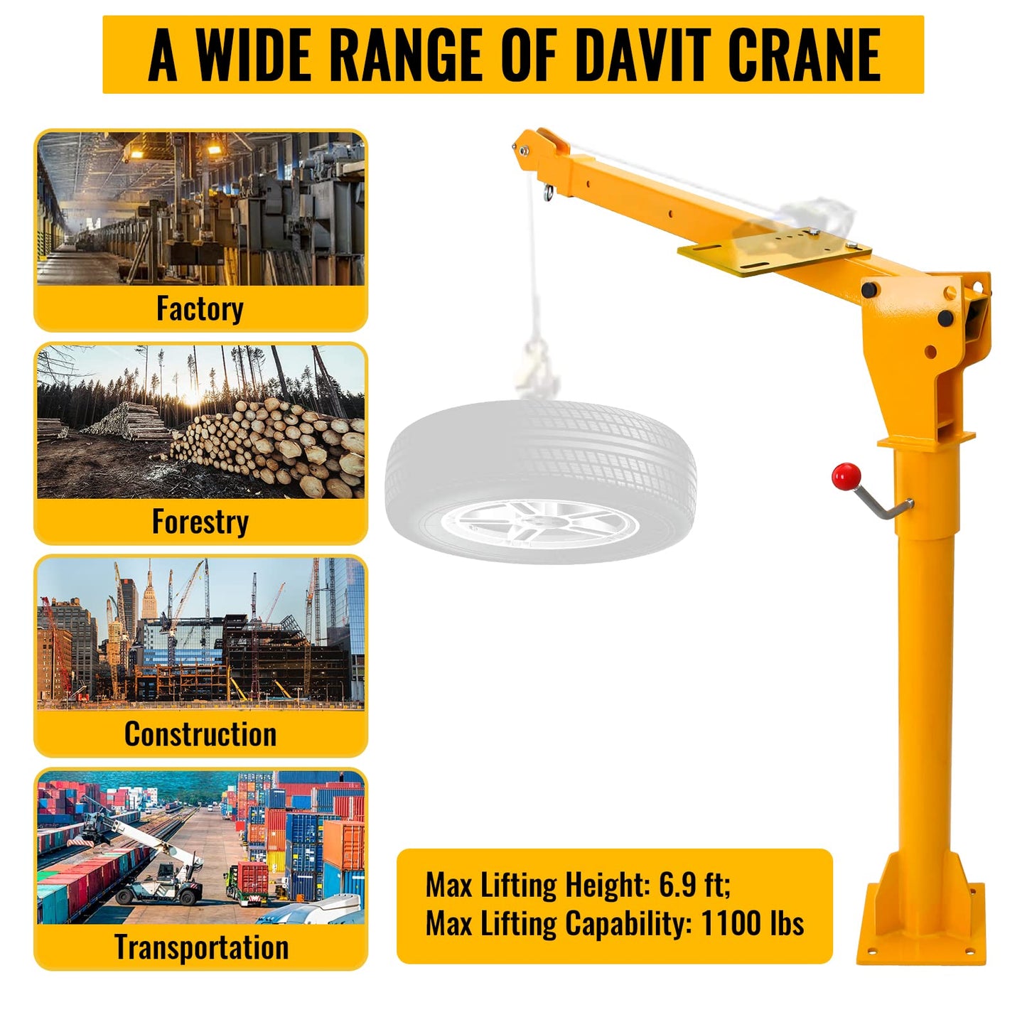 Migoda Davit Crane, 1100 lbs Truck Crane, 360° Swivel Manual Crane for Truck, Crane Hitch for Lifting Goods in Construction, Forestry, Factory, and Transport