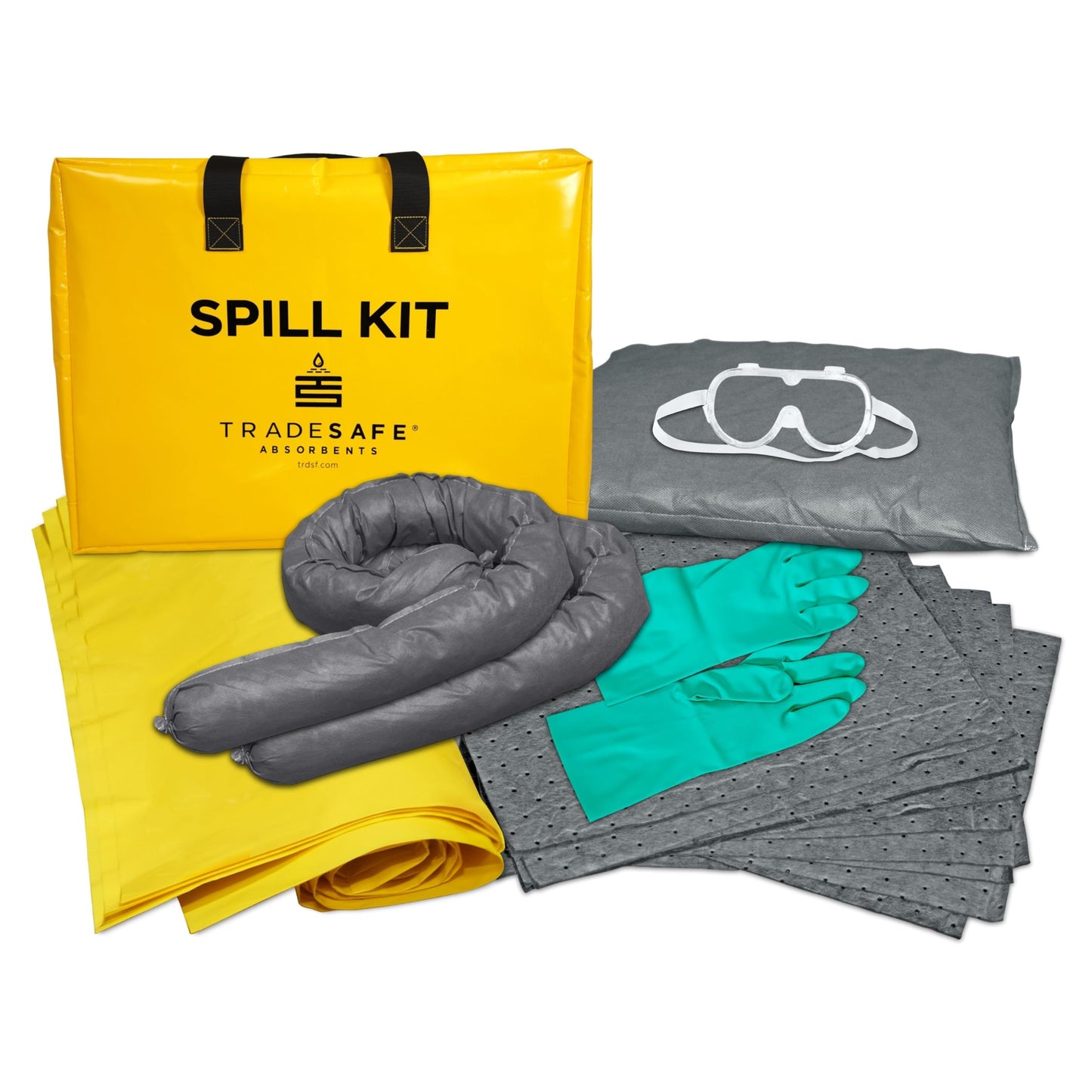 TRADESAFE Universal Spill Kit OSHA Approved - Portable Spill Kit Bag for Emergency Response, 7-Gallon Capacity, Spill Absorbent Pads, Spill Socks, Pillow, Gloves, Goggles, Hazmat Bags, 19 Pieces