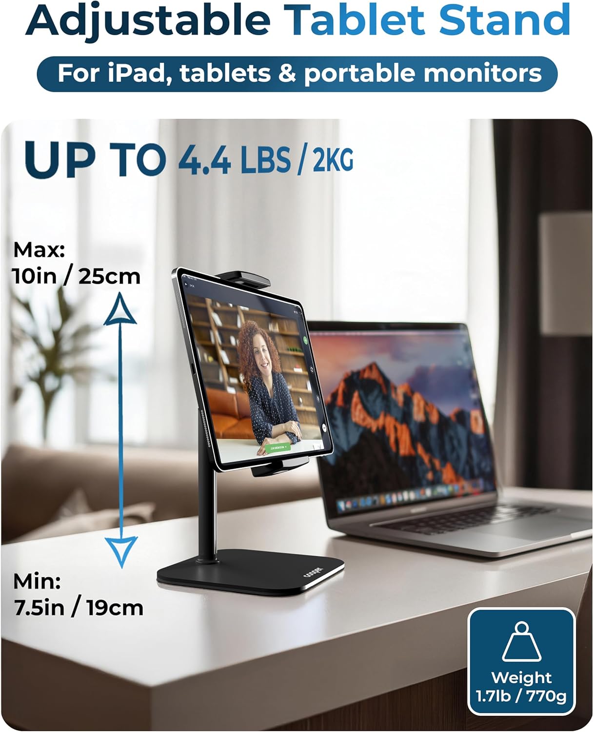 COOPER 10" TabStand Mini, Height Adjustable Tablet Stand, Ipad Stand for Desk, Portable Monitor Holder, Heavy Duty