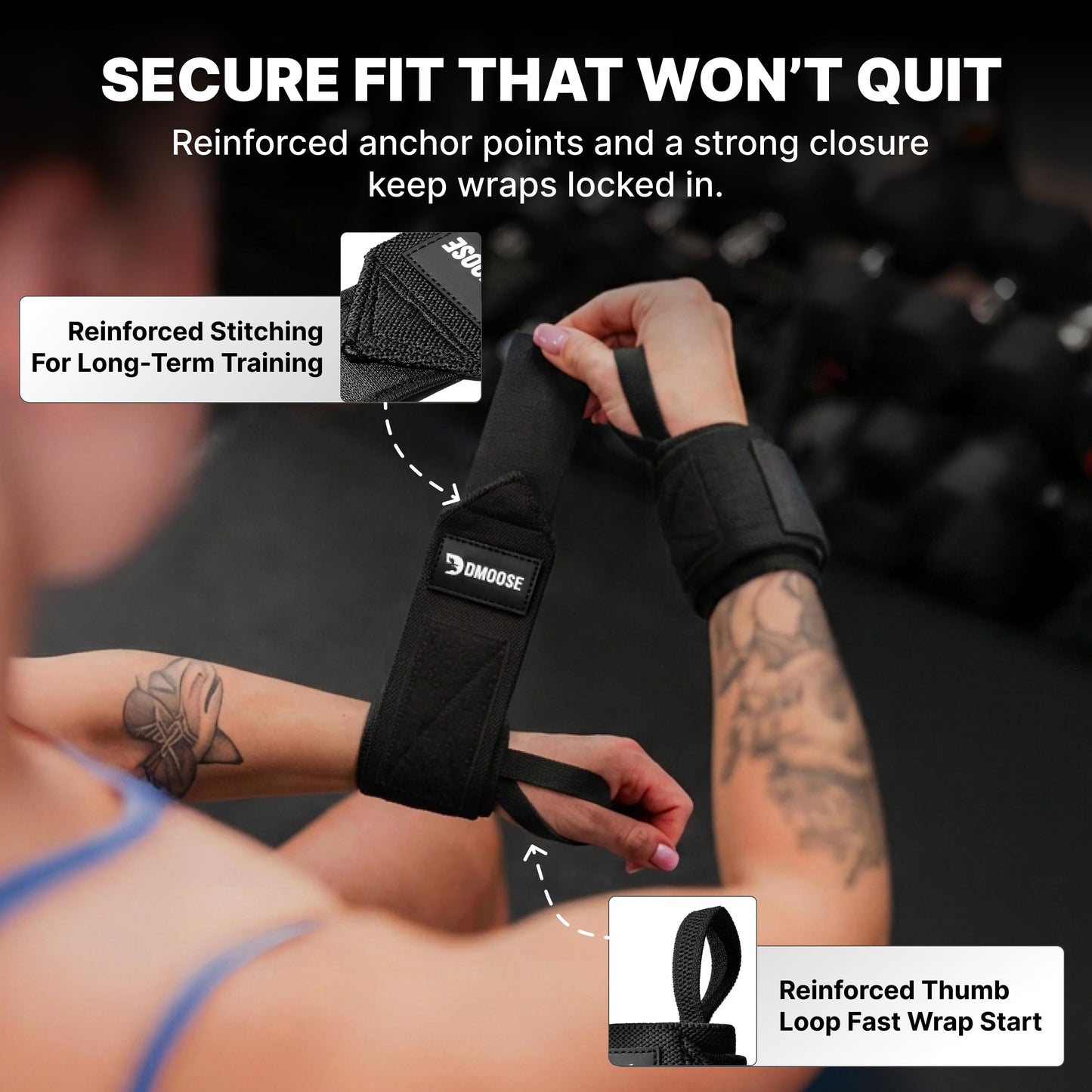 DMoose Wrist Straps for Weightlifting 12 and 18 Inches Thumb Loops with Wrist Support for Workouts Powerlifting Wrist Straps for Weight Lifting Men and Women Black II