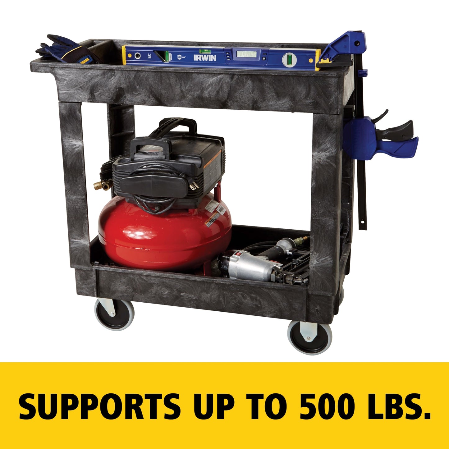 Rubbermaid Commercial Products 2-Shelf Service/Utility Cart with Wheels, 300-Pound Capacity, Black, Lipped Shelves with Handle, Use in School/Restaurant/Warehouse/Manufacturing