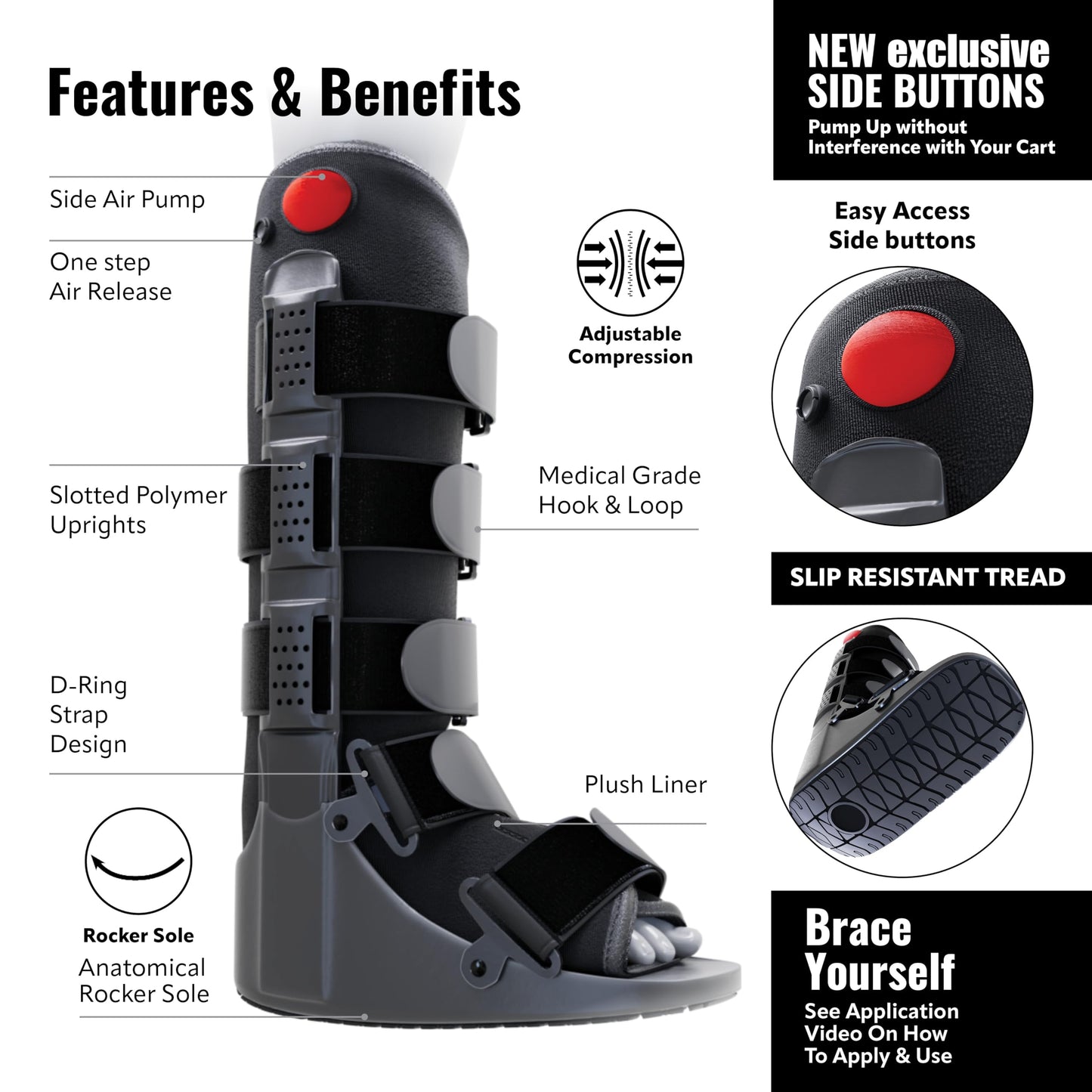 Tall Side Pump Fracture Boot, Medical Grade Foot Brace for Fractures, Cart Friendly Ankle Boot & Brace, Adjustable Air Pump, Sprain & Injury Recovery, Post Op Shoe, Foot Boot for Injured Foot, Medium