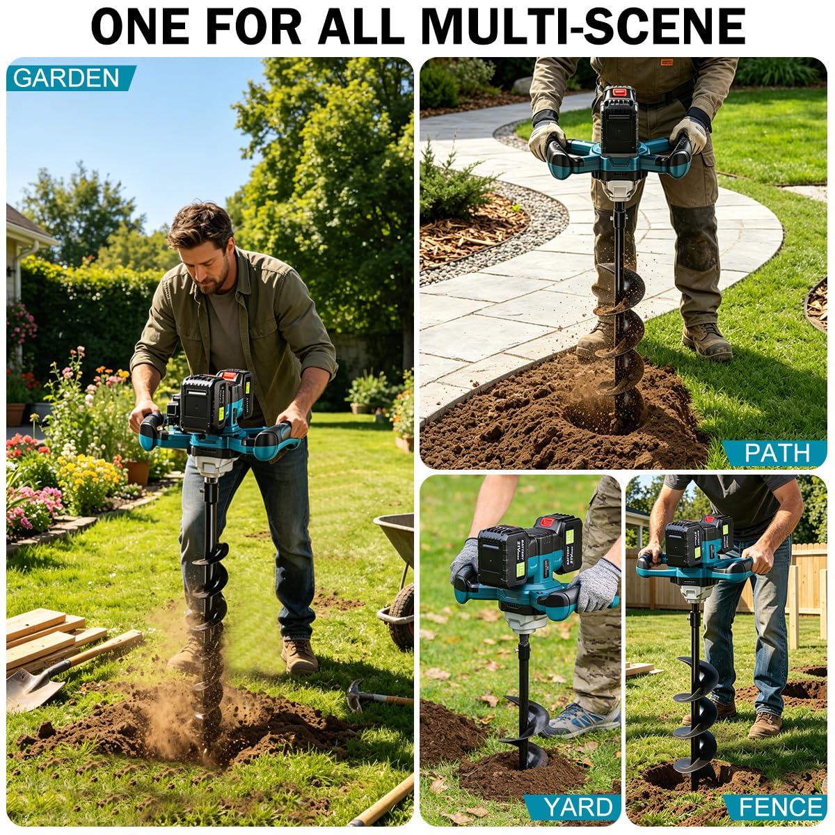 Auger Post Hole Digger,Post Hole Auger,Electric Earth Auger,Includes 2 Drill bit.Two Batteries and Dual-Port Fast Charger,Forward/Reverse Function,for Post Hole Digging,Drilling,Tree Planting