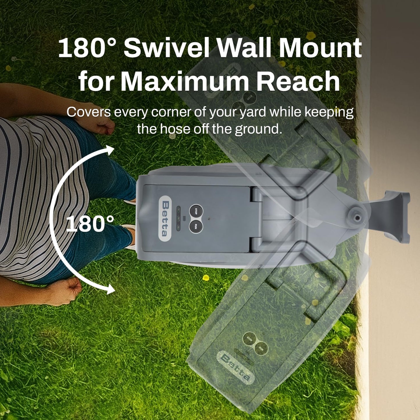 Betta EaseReel Battery-Powered Wall-Mounted Retractable Hose Reel, with Quick-Access Dual Hose Length Control, 8 Spray Patterns Nozzle, Automatic Roll-Up & Tangle-Free Hose Guide (1/2'', 78FT/23m)