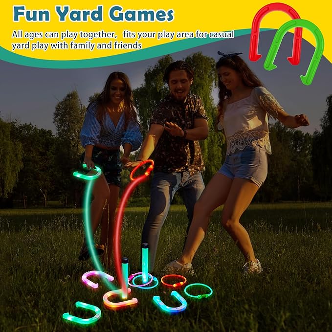 Liliful 20 Pcs Ring Toss Glow in Dark Games Valentines Outdoor Ring Toss Games with LED Yard Ring Toss Game Outdoor Games for Family Adults Lawn Backyard Camping Glow Party Games
