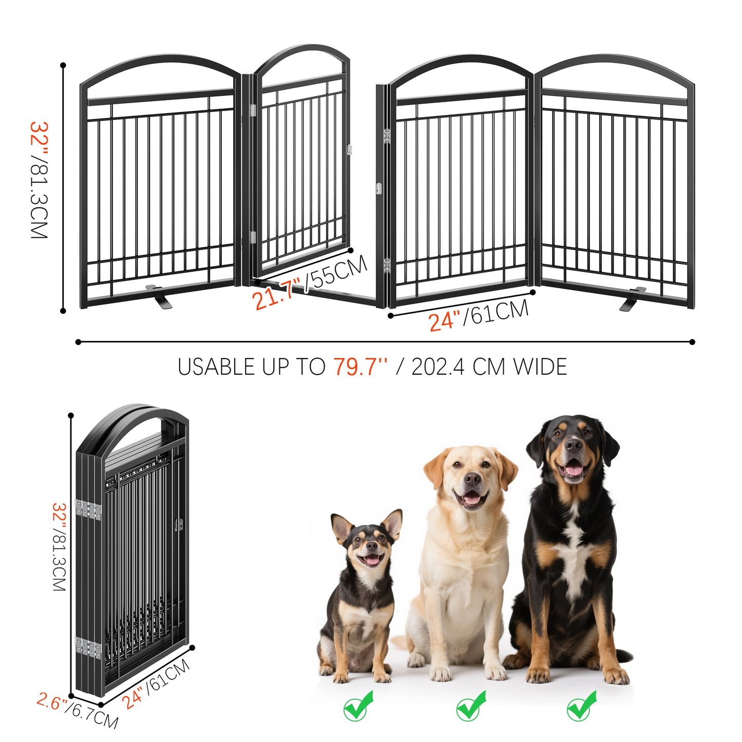 THKKY Folding No-Assembly Metal Freestanding Dog Gate with Door Walk Through,32" Height Pet Fence,96" Extra Wide Accordion Puppy Folding Playpen for Doorways,House,Stairs (4 Panels,Black)