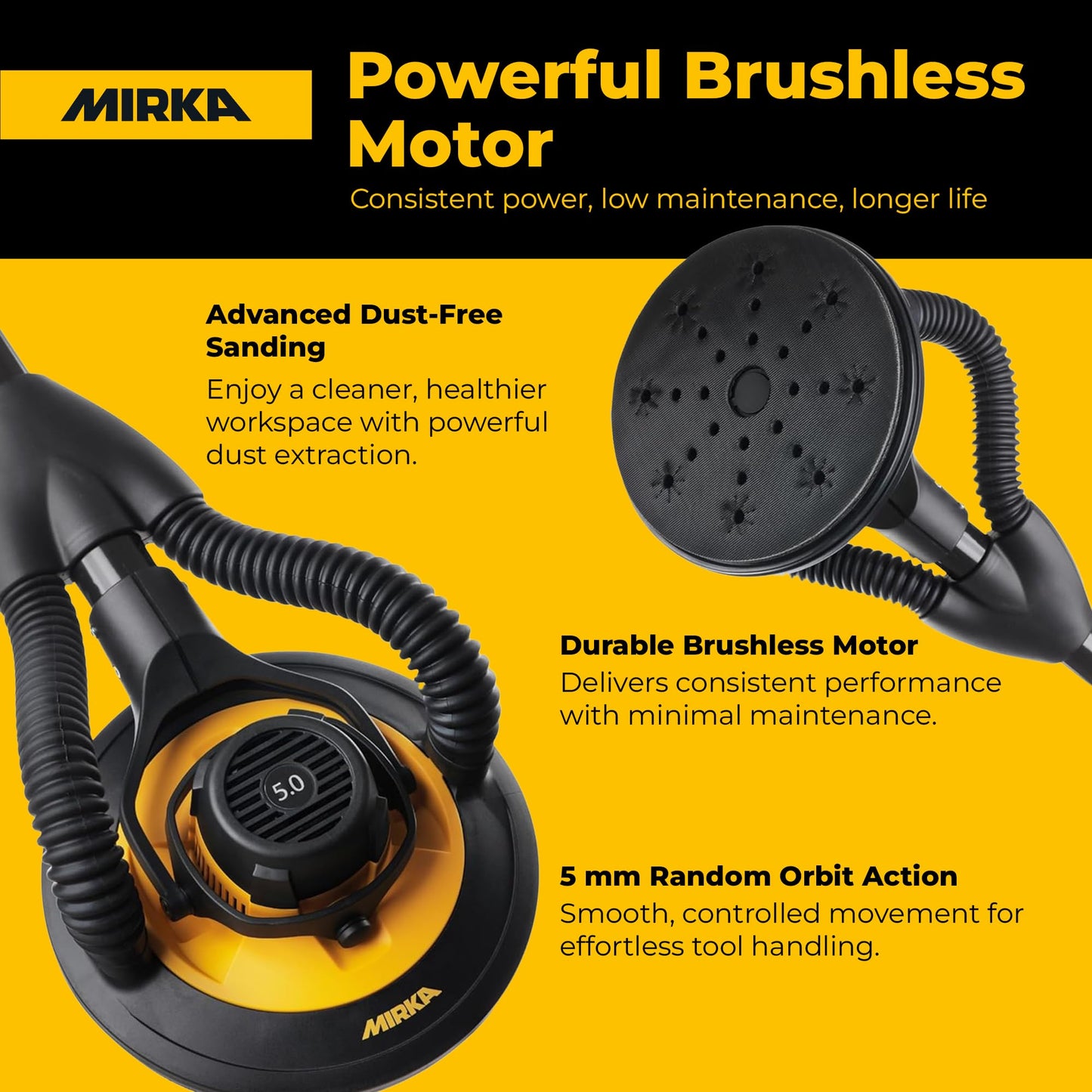 Mirka LEROS Electric Vacuum Drywall Sander Pole – Ergonomic Lightweight 7.1 lb Tool with 9″ Orbital Head, 180° Flexible Design, Dual Suction for Dustless Walls Ceilings Painting Prep