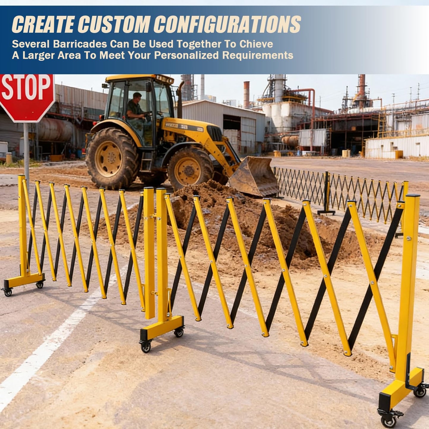 23.5FT Industrial Metal Expandable Barricade，Retractable Traffic Fence with Casters, Folding Security Gate，Portable Barricade Gate for Construction Area, Traffic Control, Cordon(Yellow
