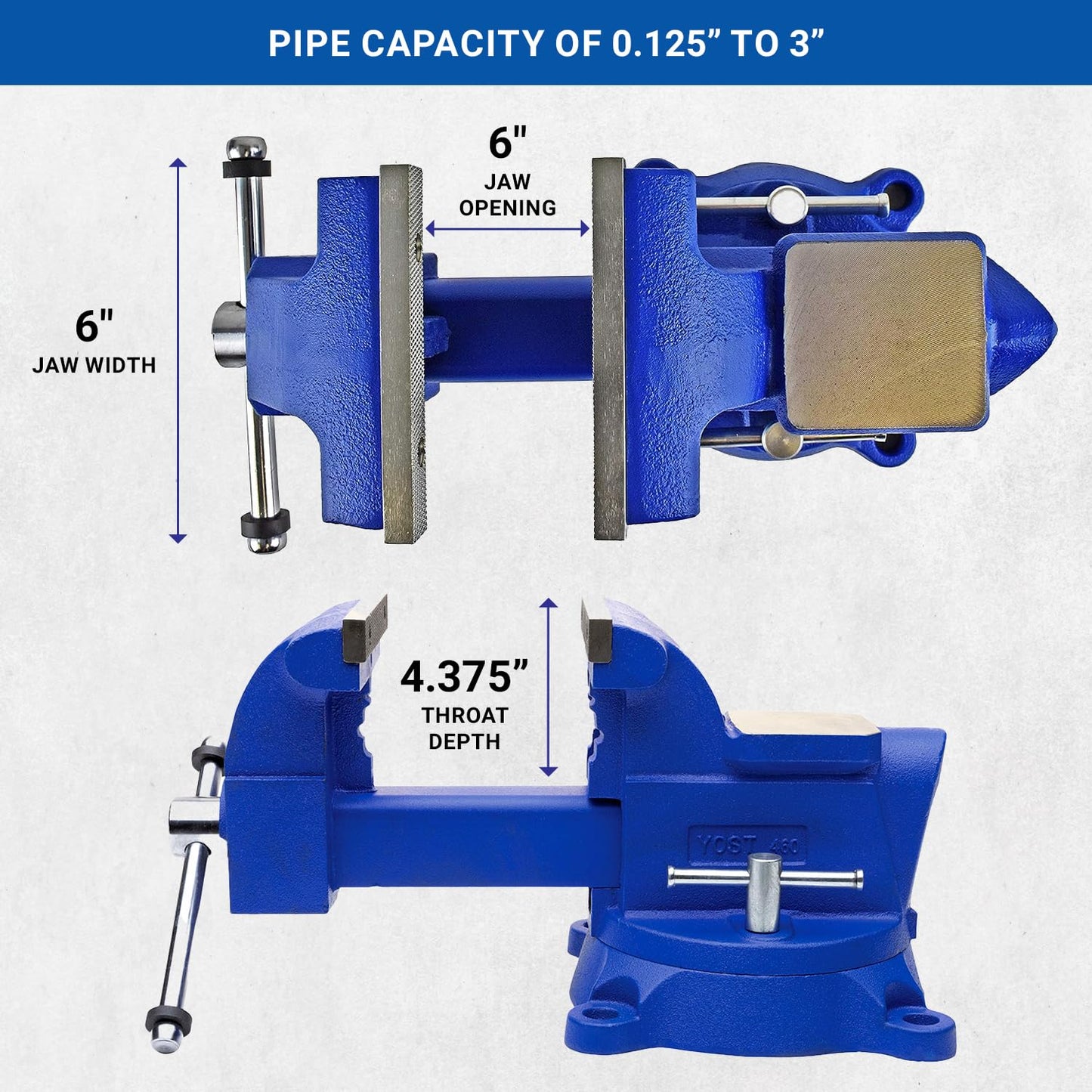 Yost Vises 460 Combination Vise | 6 Inch Jaw Width Heavy-Duty Utility Pipe and Bench Vise |Secure Grip with Swivel Base| Made with Cast Iron and Steel U Channel Bar | Blue