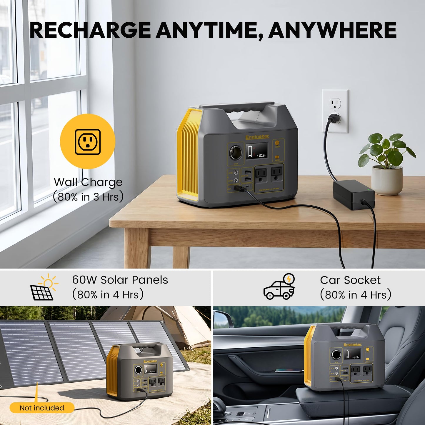 EnginStar Portable Power Station,300W Solar Generator, 110V 296Wh Power Bank Two Pure Sine Wave AC Outlet 80000mAh Lithium Battery Pack for Camping Outdoors Trip RV Hunting Vans Emergency Backup