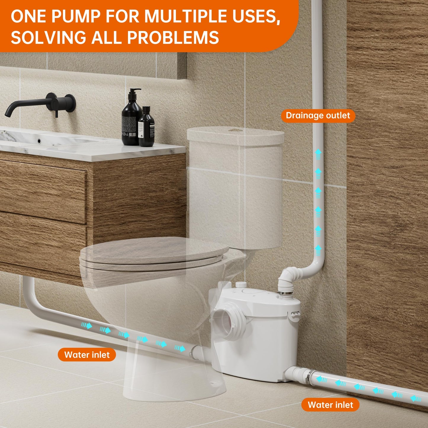 SUPERFLO Upflush Toilet for Basement with 600W Macerating Toilet System & Silent Toilet Pump for Macerator Toliet, Sink & Tub（Include Extension Pipe）