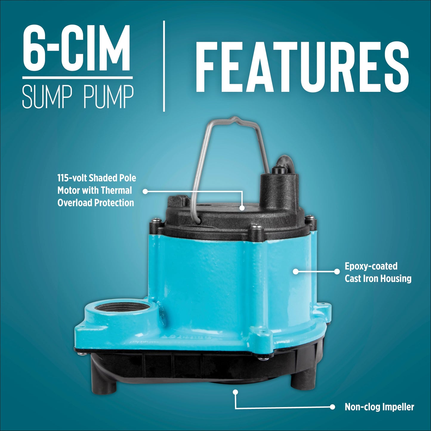 Little Giant 6-CIM-R 115-Volt, 1/3 HP, 2750 GPH Manual (No Switch) Submersible Sump Pump for Sump Systems and General Dewatering, 25-Ft. Cord, Blue, 506274