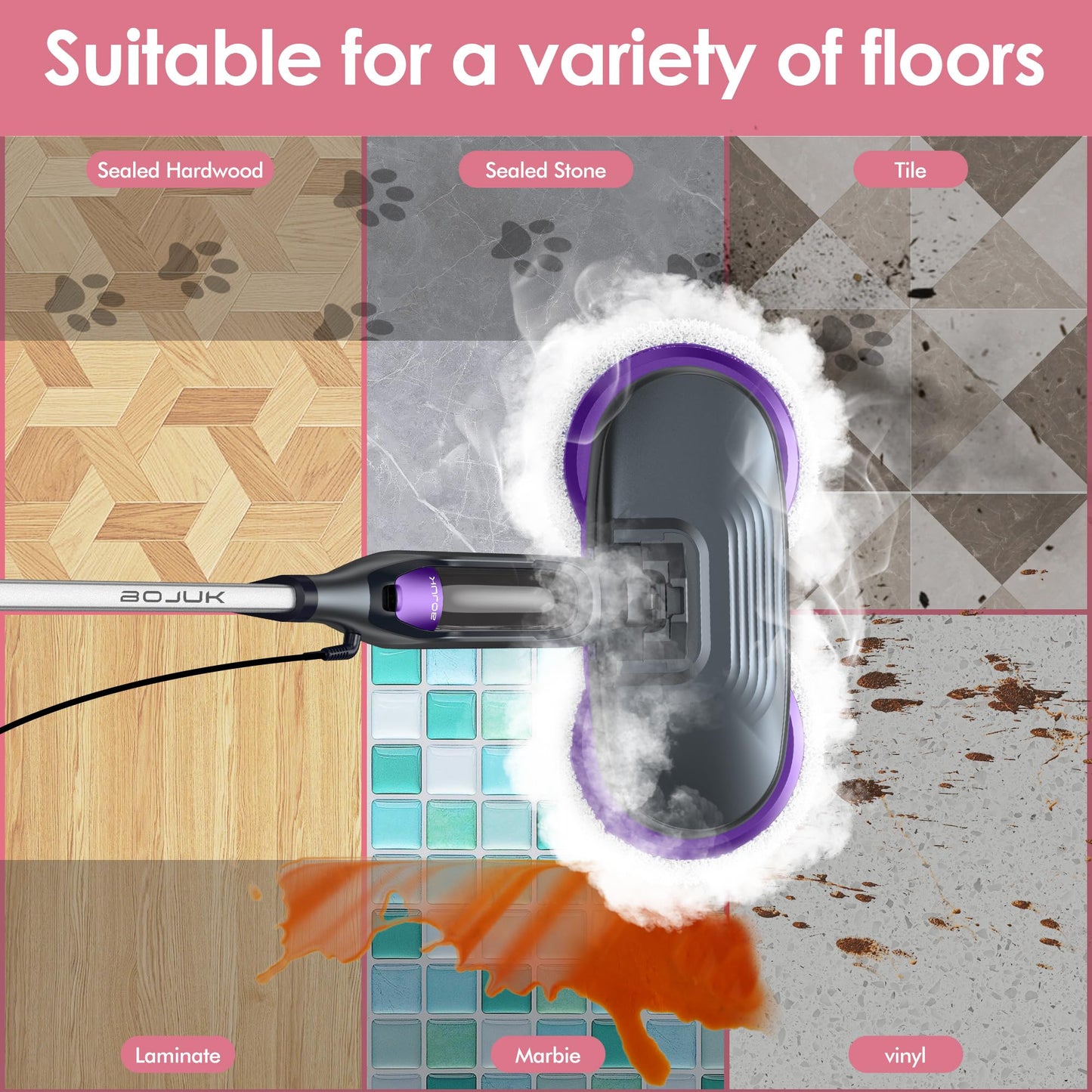 BOJUK Scrub & Steam Mop with Rotating Mop Pads, 4 Cleaning Modes & LED Headlights, 6 Scrub Pads, Large Tank, Swivel Steering, All-in-One Hard Floor Cleaner