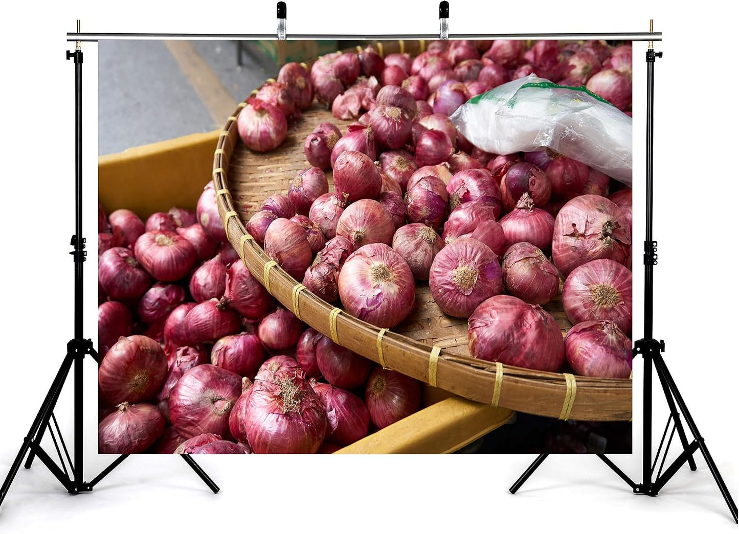 KeyWork 10x5ft Red Onions in Bamboo Basket at Market Backdrop Fresh Produce Photography Background Rustic Food Themed