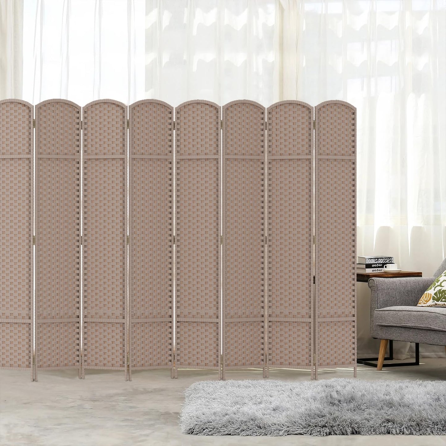 Room Divider 8 Panel Screen 5.6 Ft Tall Partition Room Dividers Beige Privacy Screens Folding Room Separation Free Standing Waterproof Wood Frame Wall Divider