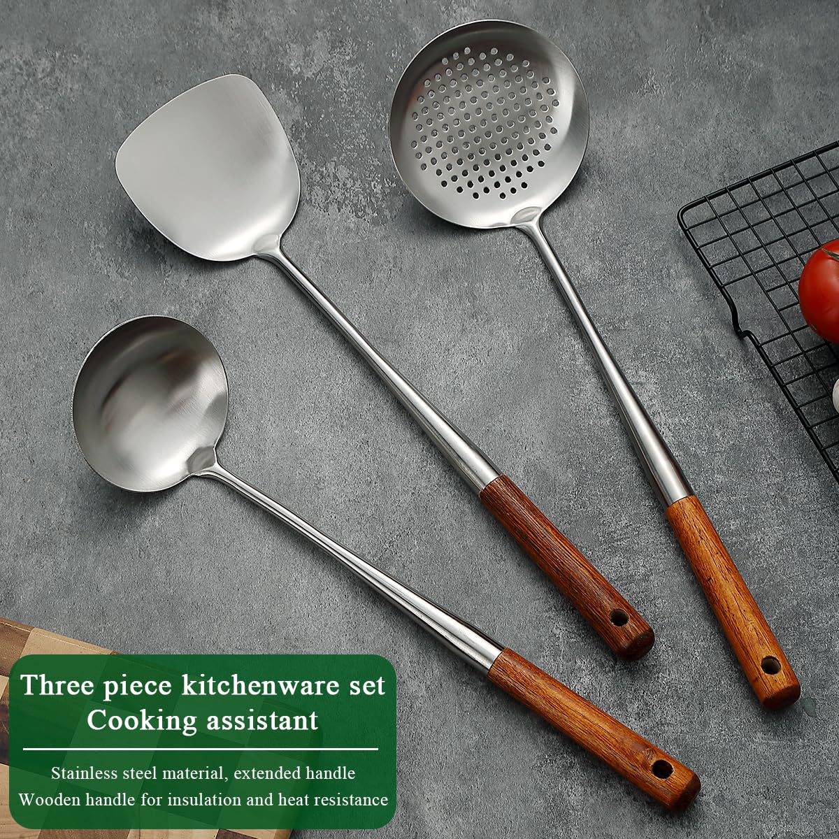 Evanda Wok Spatula Set 17", Heat Resistant Wood Handle Stainless Steel Wok Tools, Ladle, Metal Spatula, Kitchen Skimmer, Professional Kitchen Cooking Utensils Set, Wok Accessories Dishwasher Safe