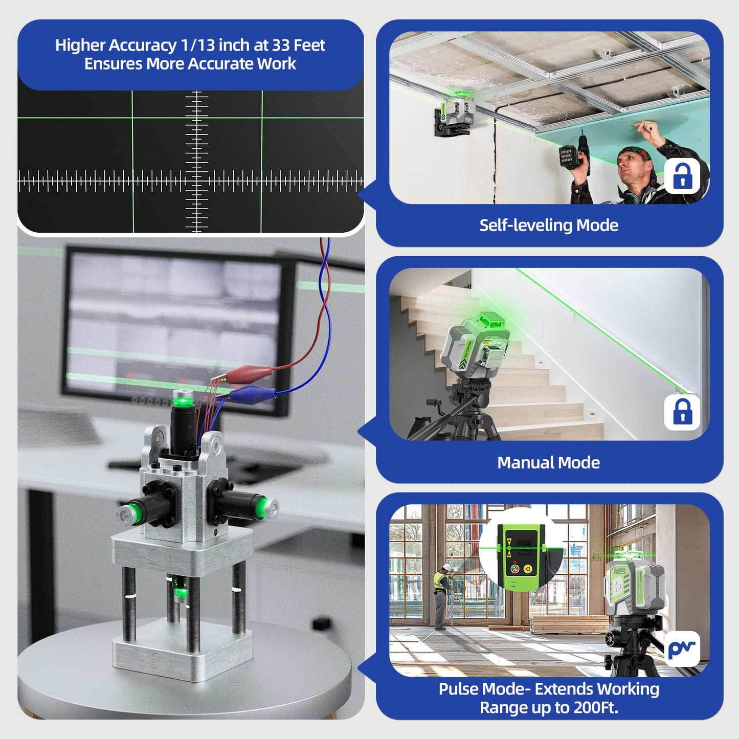Huepar Pro Laser Level 360 Self Leveling, 3x360° High Accuracy Green Cross Line Laser for Construction and Picture Hanging, 12 Lines Level Laser Tool with Rechargeable Battery & Remote Control