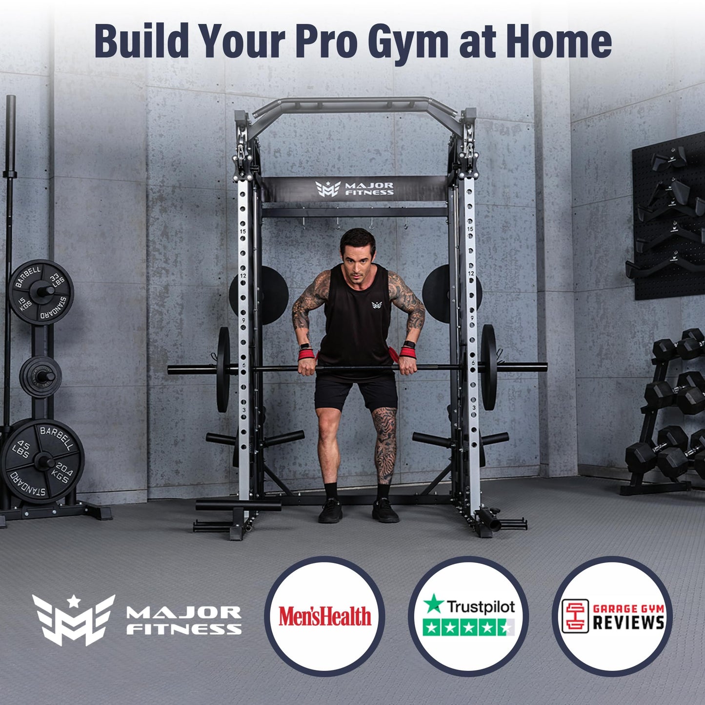 Major Fitness Drone2 Premium Training Smith Machines– All-in-One Home Gym Squat Rack with Aluminum Pulley Set , Weight Bar, Dual LAT Pull-Down Systems (SL D2AW ONLY)