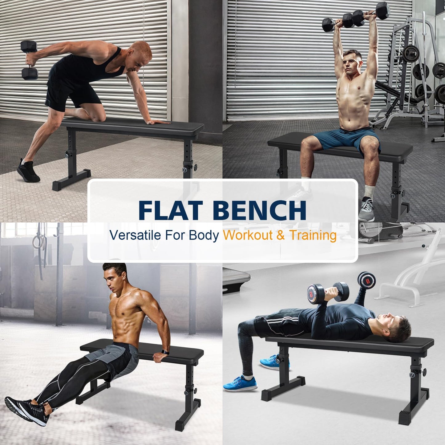 Adjustable Weight Bench Heavy Duty Steel Flat Workout Bench for Home Gym with Quick Assembly, Anti-Slip Base Multi-Functional Strength Training Bench for Full-Body Workouts