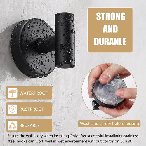 MNGD Towel Hooks Shower Suction Hook Towel Hanger for Bathroom Hanging Coat, Robe, Removable Wall Mounted Hook for Bedroom Kitchen Hotel Pool Matte Black(2-Pack)