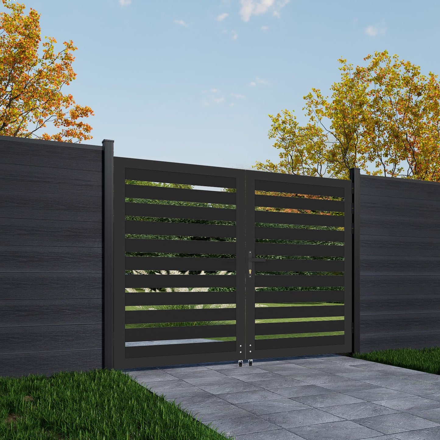 Mondaria Aluminum Double Fence Gate, 5FT H x 6FT W Outdoor Driveway Privacy Gate with Heavy Duty Metal Frame, Rustproof Powder-Coated Gate with Lockable Handle Kit, Horizontal Slat (Without Post)