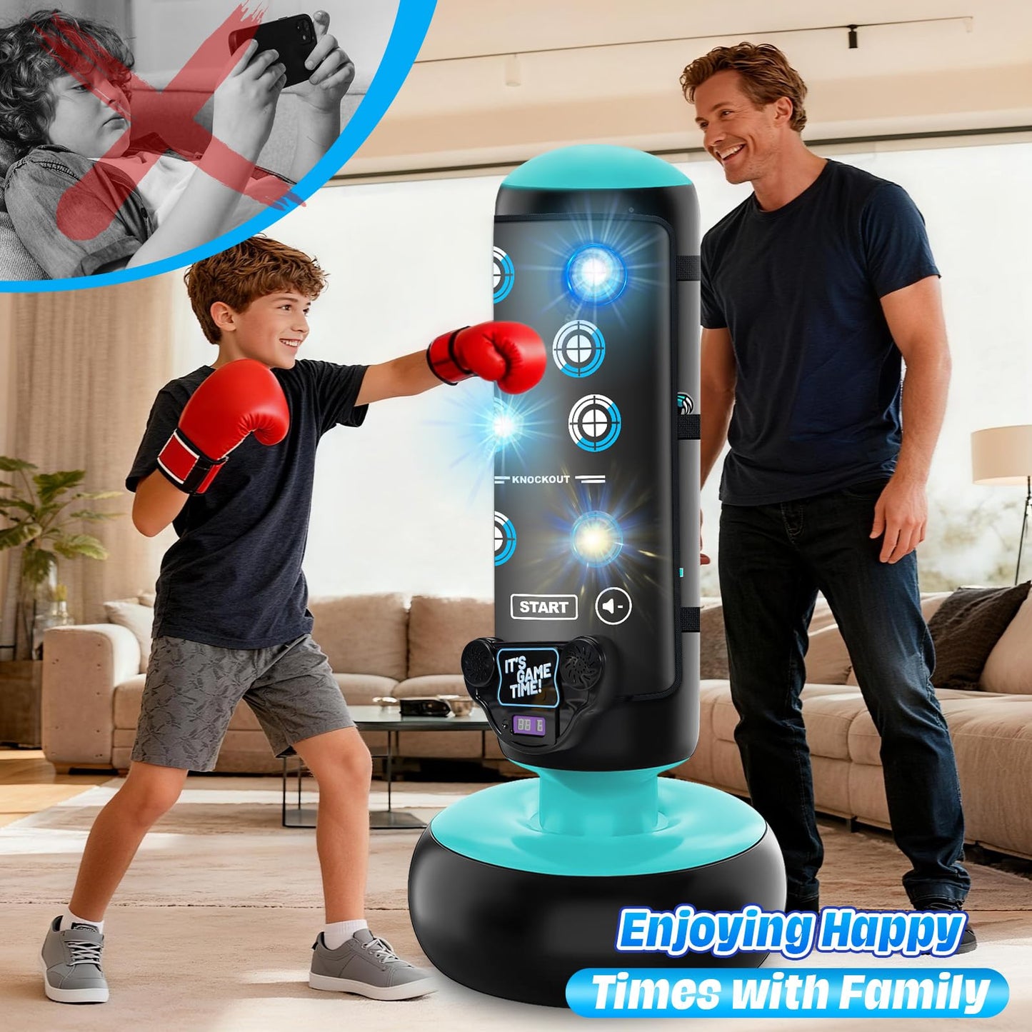 Punching Bag for Kids, 66 Inch Inflatable Boxing Bag with Boxing Gloves, Kid Boxing Set with Scoring, Light, Music, Stand Kids Punching Bag Toy for Age 4-12, for Practicing Karate, Taekwondo, MMA
