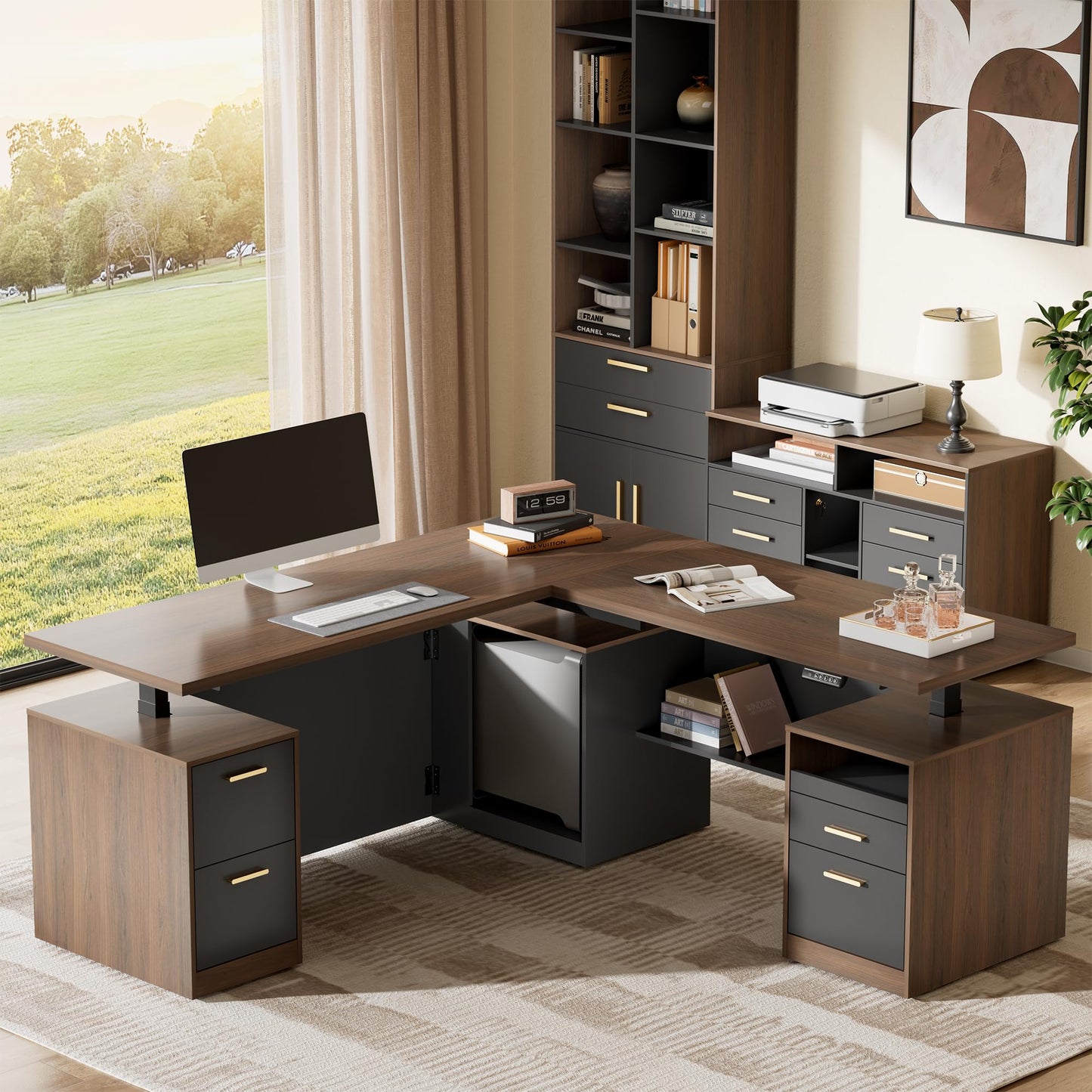 ModernMate 71" L-Shaped Electric Standing Desk with 5 Drawers, One-Piece Height Adjustable Executive Stand Up Desk, AC/USB & Privacy Panel, Home Office Workstation with Storage, Black Walnut