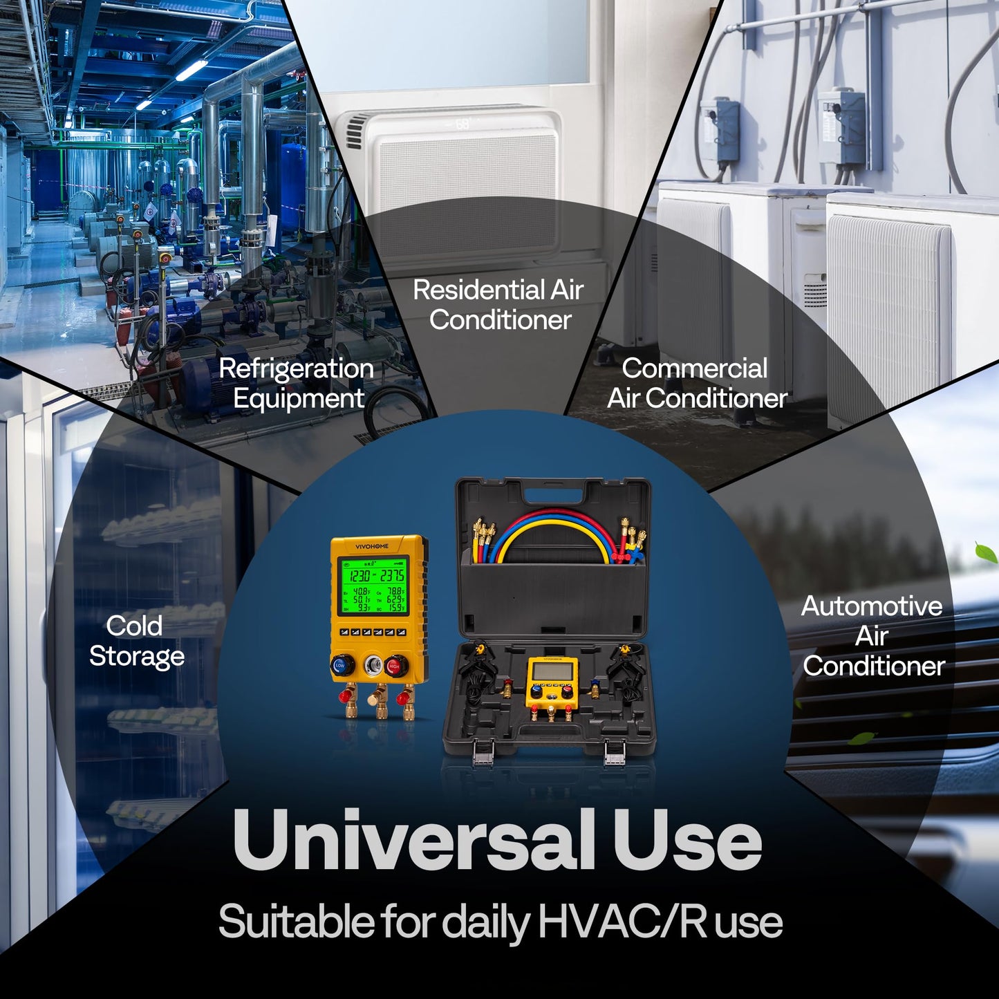 VIVOHOME Digital HVAC Manifold Gauge Set, Refrigeration AC Gauges with 2 Wired Temperature Clamp Probes and 3 Hoses, Pressure and Temp Test, for R134a R410a R32 R1234yf R454B Refrigerant Recharge Kit