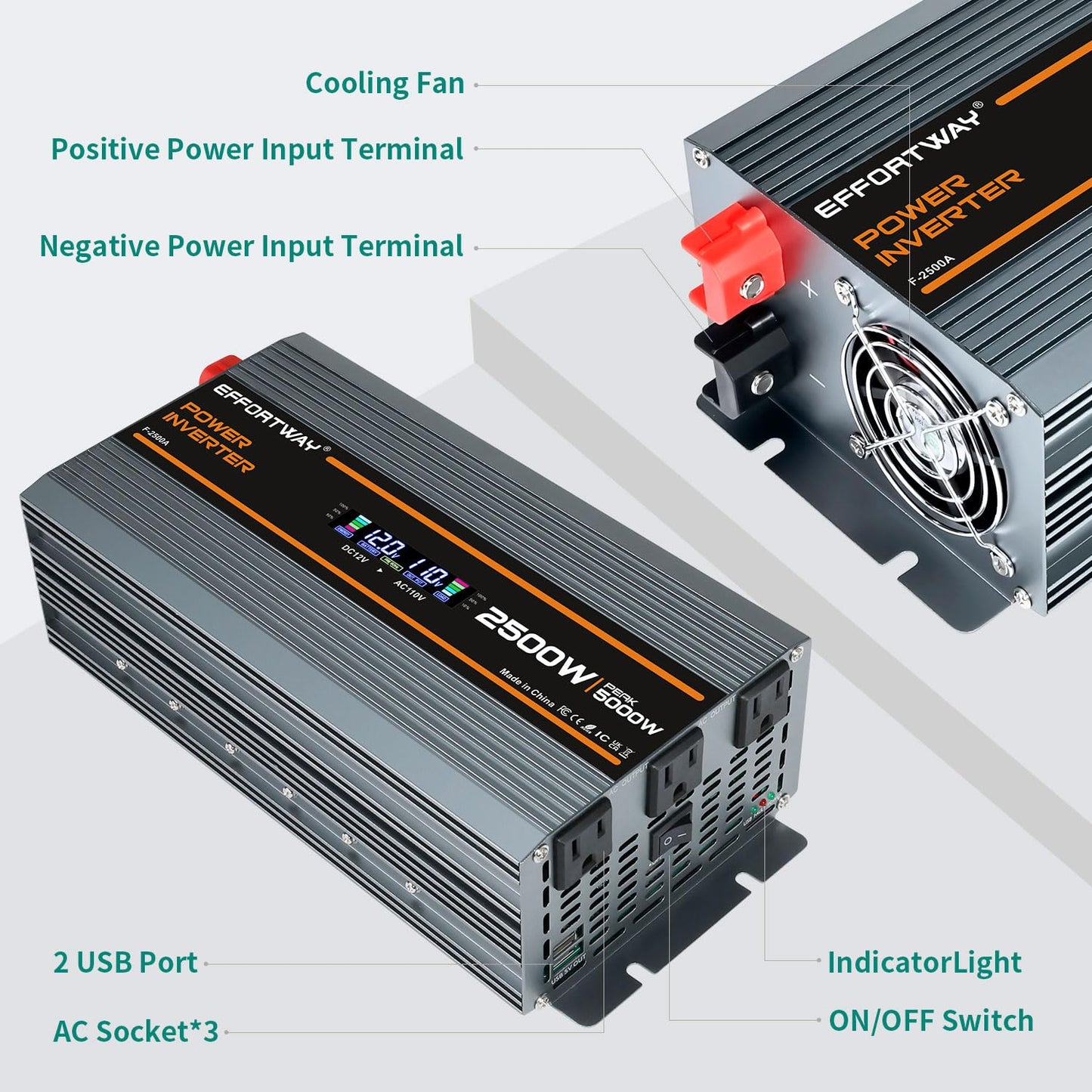 EFFORTWAY 2500W Power Inverter. 12V DC to 110V/120V AC Converter 5000W (Peak) with LCD Display, 3 AC outlets, 2 USB, 2500w Inverter for Camping RV Travel Outdoor Truck Off-Grid Solar inverters