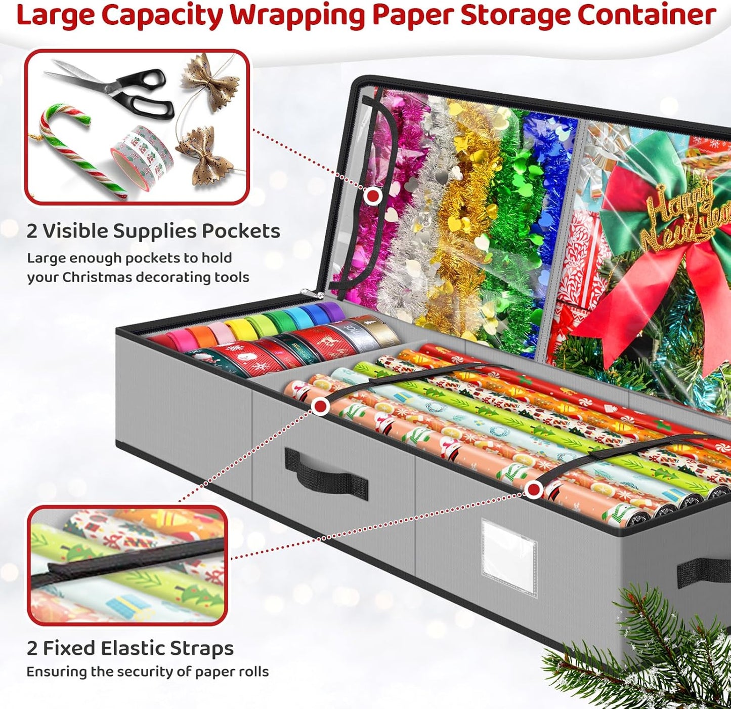 BlessedSeason Wrapping Paper Storage Organizer - Holds 40-Inch Rolls with 2 Pockets for Holiday Accessories | Grey