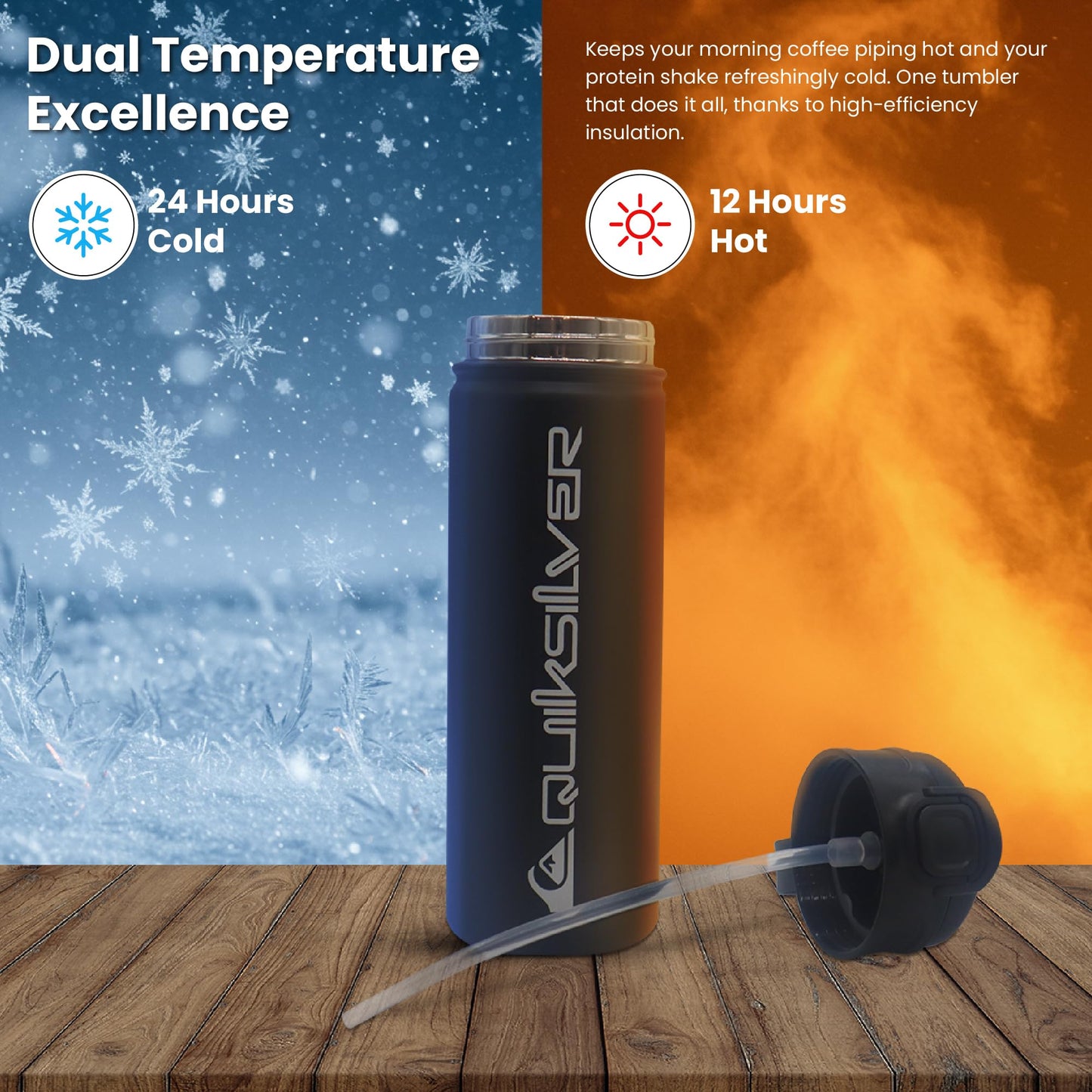 Quiksilver Laguna 32oz Tripple Wall Stainless Steel Water Bottle, Reusuable Sports Bottle with Leak-Proof Straw and Spout Lid, Non-Slip Rubber Base, Carrier Handle, 24H Hot & Cold Insulated Tumbler