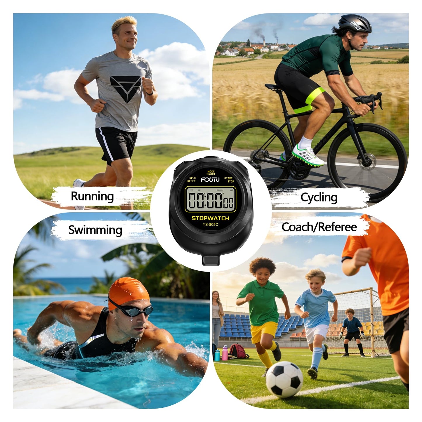 FCXJTU Simple Stopwatch Timer, Single Lap Stopwatch Countdown Timer, No Hourly Beep, On/Off, AAA Battery(Included), Large Display, Easy to Use, Ideal for Kids Coaches Black