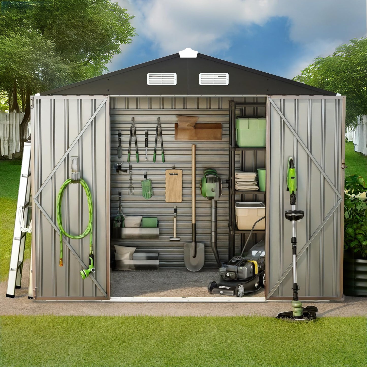 GVDV 8x6 FT Full Size Outdoor Metal Storage Shed, Durable Garden Shed with Reinforced Sidewall Girts & Updated Frame Structure, All-Weather Shelter for Backyard, Patio, Tool, Bike Storage (No Floor)