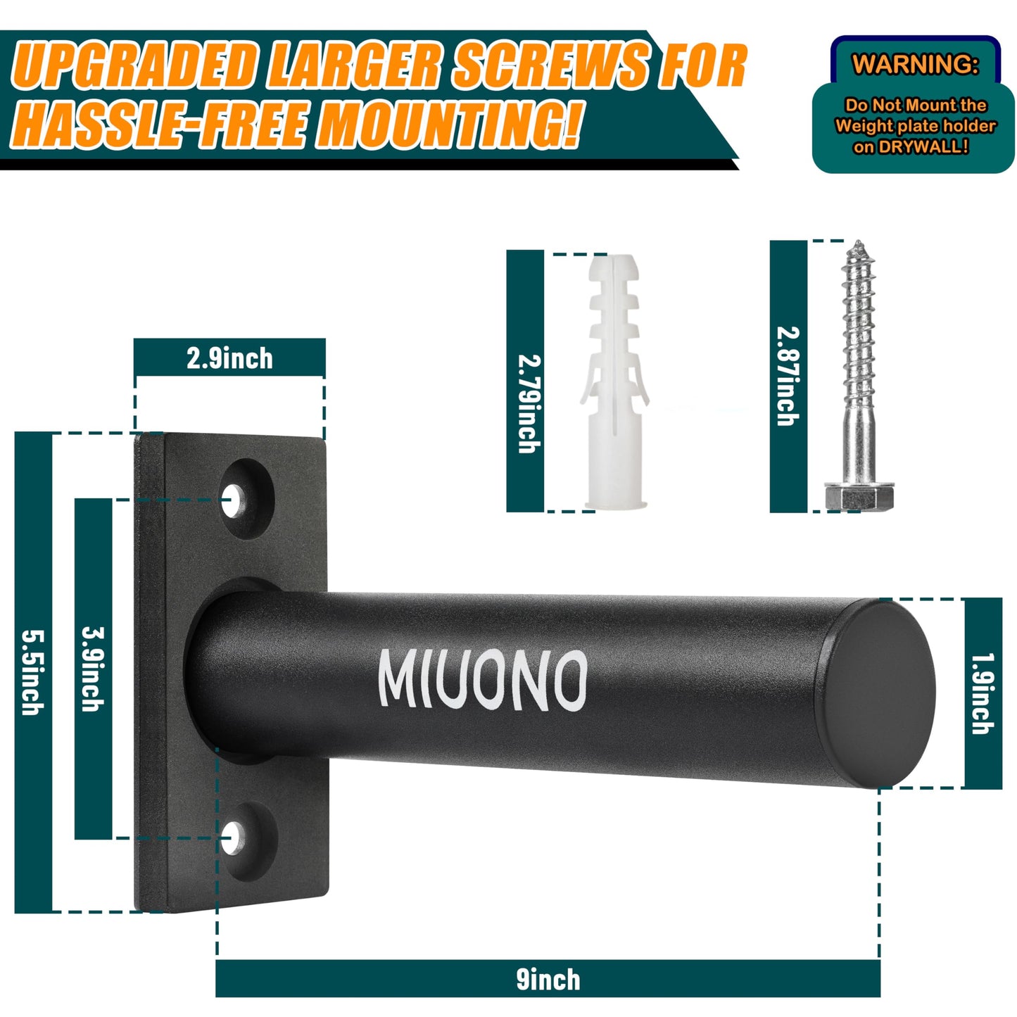 MIUONO Weight Plate Holder, Wall Mounted Weight Rack Storage for 2" Olympic Weight Plate, 4 Pack Home Gym Organizer (Upgraded Larger Screws)