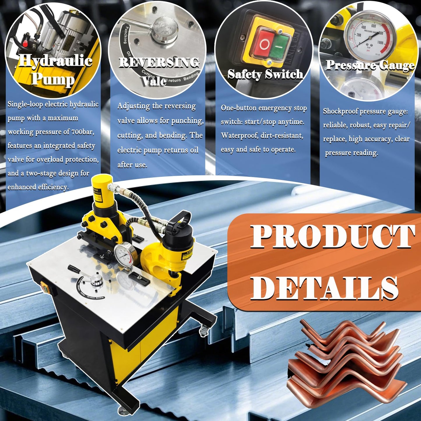 INTBUYING 3 in 1 Electric Hydraulic Busbar Processor Cutter/Bender/Hole Puncher 700bar for Copper & Aluminum Busbars, Industrial Grade Busbar Fabrication Tool with 6 Punching Dies 110V