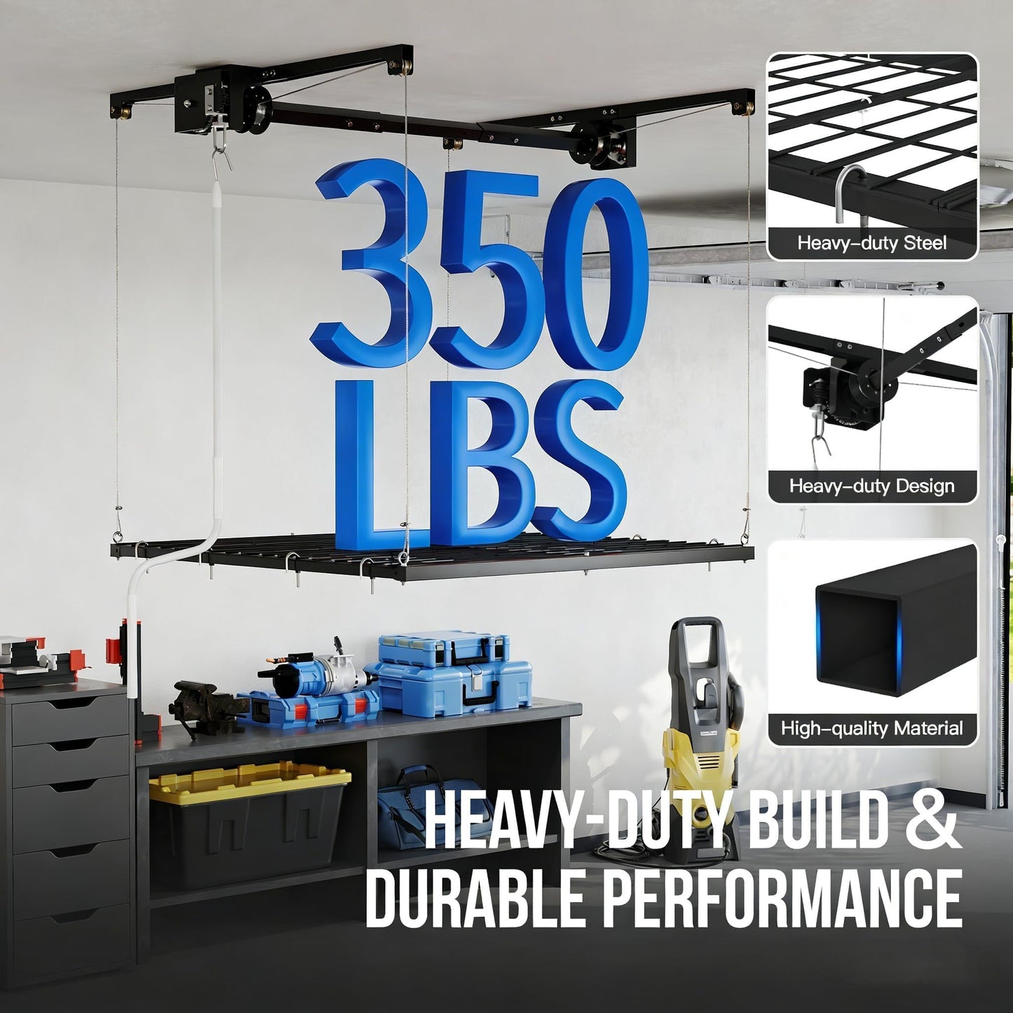 ExploreHorizon 4x4 FT Overhead Garage Lifting Storage Rack, 350 lbs Capacity & 79" Lifting, Metal Garage Ceiling Rack, Adjustable Storage System with Safety Lock